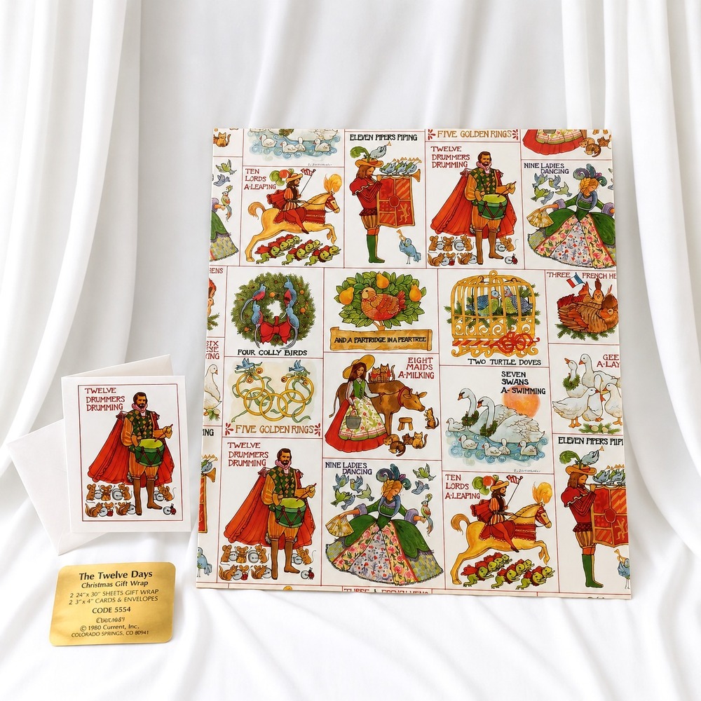 Current The Twelve Days Christmas Gift Wrap 1980 Vintage 24x30 Sheet 1 Card